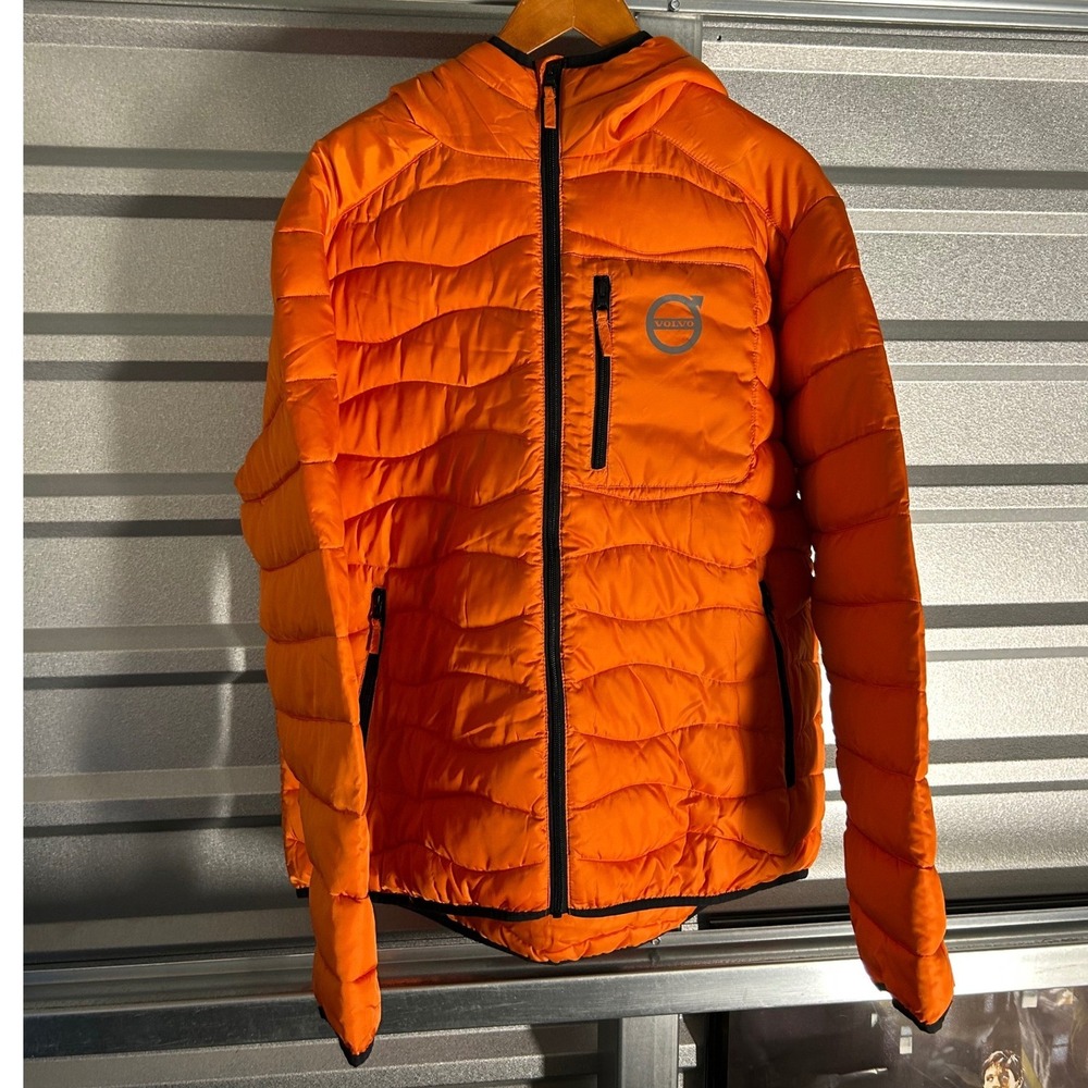 Volvo Iron Mark Jacket Mens L Orange Puffer Hooded Lightweight Gorpcore Outdoor